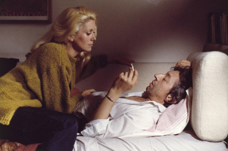 Catherine Deneuve with Serge Gainsbourg on the set of Claude Berri's 1980 movie "I Love You All," shot by Georges Pierre.