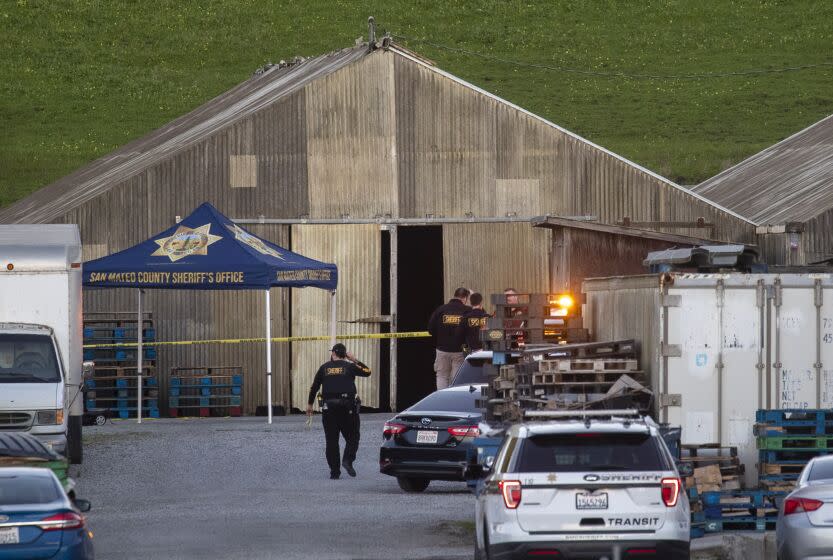 Police investigate the scene of a mass shooting off Cabrillo Highway in Half Moon Bay, Calif., Monday, Jan. 23, 2023. (Karl Mondon/Bay Area News Group via AP)