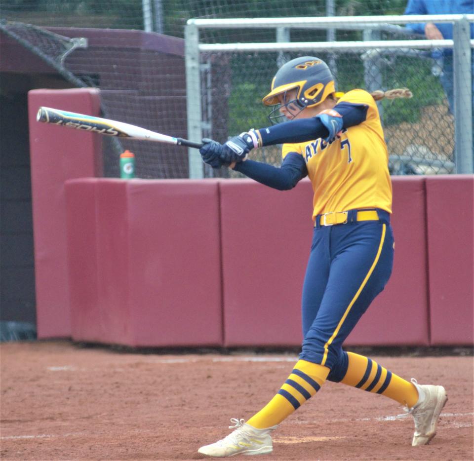 Aubrey Jones connects with a pitch during an MHSAA Division 2 softball state quarterfinal matchup between Gaylord and Hudsonville Unity Christian on Tuesday, June 13 at Margo Jonker Stadium on the campus of Central Michigan University, Mount Pleasant, Mich.