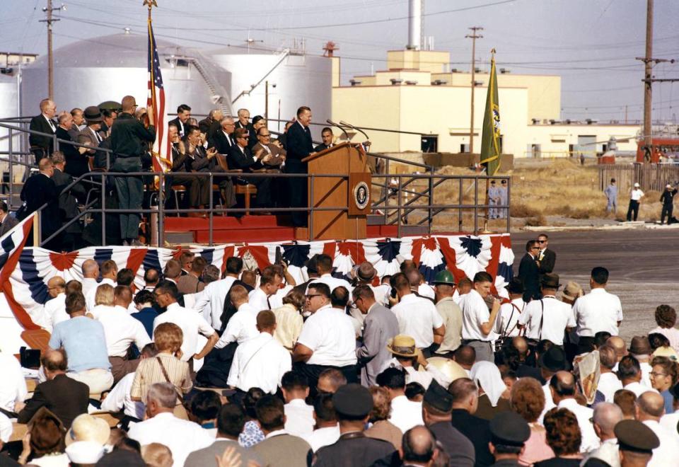 President John F. Kennedy visited Hanford 60 years ago on Sept. 26, 1963, for the ceremonial groundbreaking on a steam plant that would allow N Reactor to produce electricity in addition to plutonium for nuclear weapons. The public was allowed on Hanford for the visit and about 37,000 people attended.