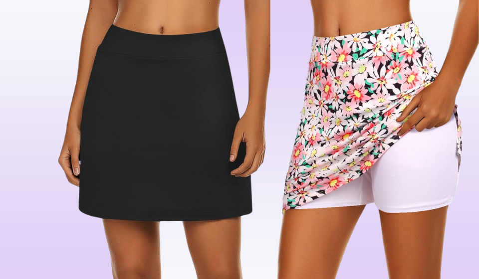 woman wearing a black skort seen from the front, and another woman lifting the front of her floral print skort to reveal white shorts underneath