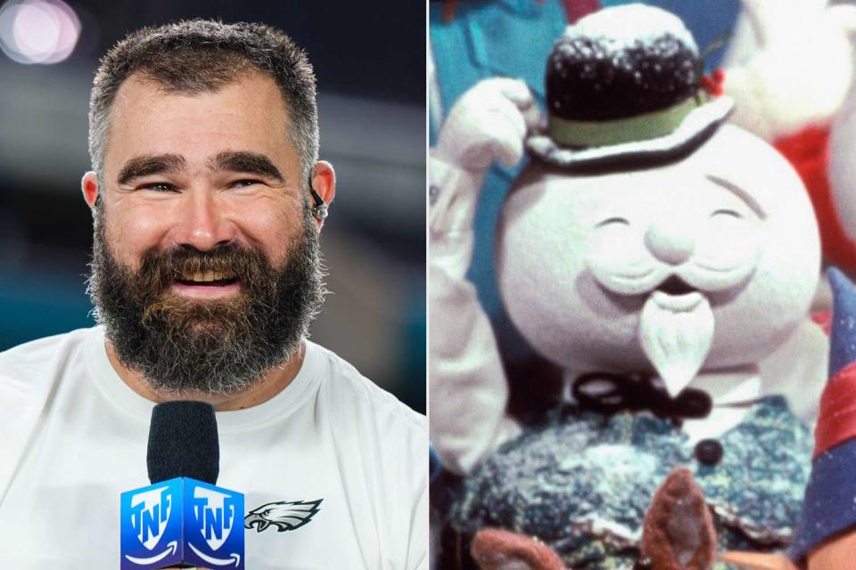 <p>Cooper Neill/Getty; NBCU Photo Bank/NBCUniversal via Getty </p> Jason Kelce; Sam the Snowman from 