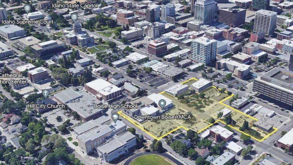 Developers are seeking help to build out nearly three city blocks near Boise High School. The proposed project area is highlighted in this map and includes the YMCA, offices and parking lots.