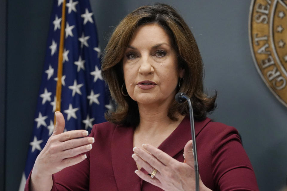 FILE - Oklahoma State Superintendent of Public Instruction Joy Hofmeister delivers a report on Epic Charter Schools during a news conference, Tuesday, June 21, 2022, in Oklahoma City. Oklahoma’s Republican Gov. Kevin Stitt and Democratic challenger Hofmeister have massive fundraising advantages over their opponents heading into the primary election, Tuesday, June 28, 2022. (AP Photo/Sue Ogrocki, File)