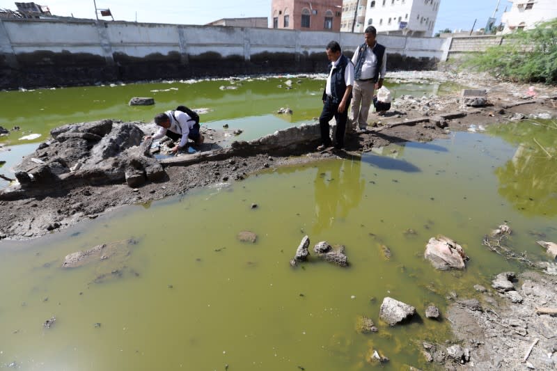 Health workers inspect stagnant water pools which could server as potential breeding sites of Aedes aegypti mosquitoes, known to spread the dengue fever, in Hodeidah