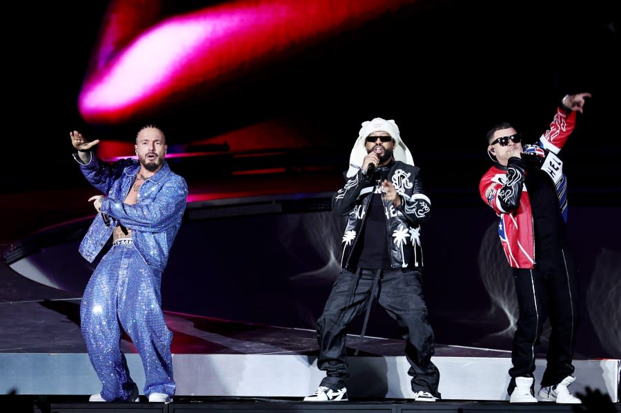 INDIO, CALIFORNIA – APRIL 14: (FOR EDITORIAL USE ONLY) (L-R) J Balvin, Randy Ortiz Acevedo and Joel Muñoz Martínez performs at the Coachella Stage during the 2024 Coachella Valley Music and Arts Festival at Empire Polo Club on April 14, 2024 in Indio, California. (Photo by Arturo Holmes/Getty Images for Coachella)