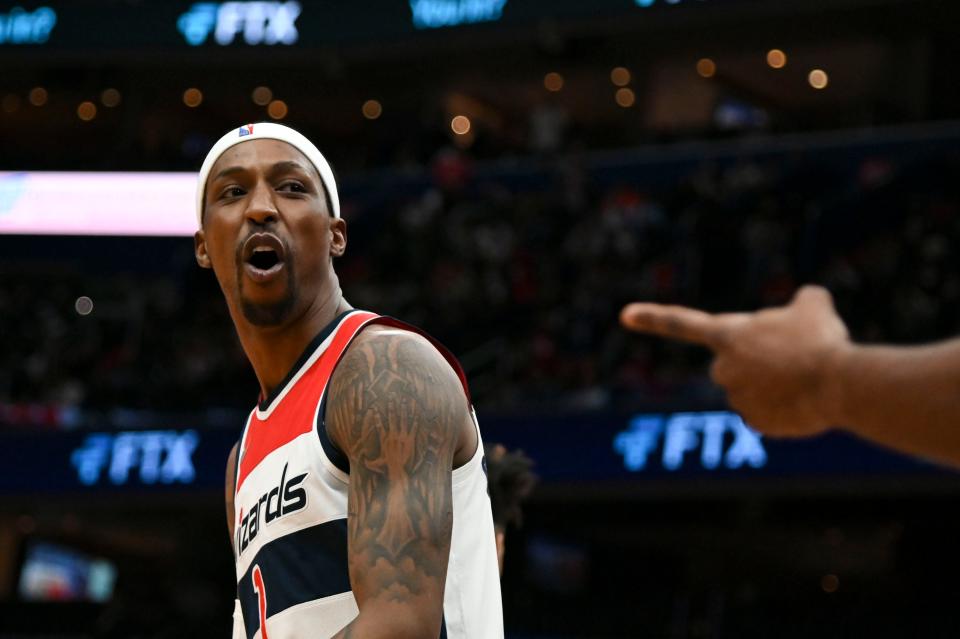 Washington Wizards guard Kentavious Caldwell-Pope reacts after non-call during the game against the Oklahoma City Thunder.