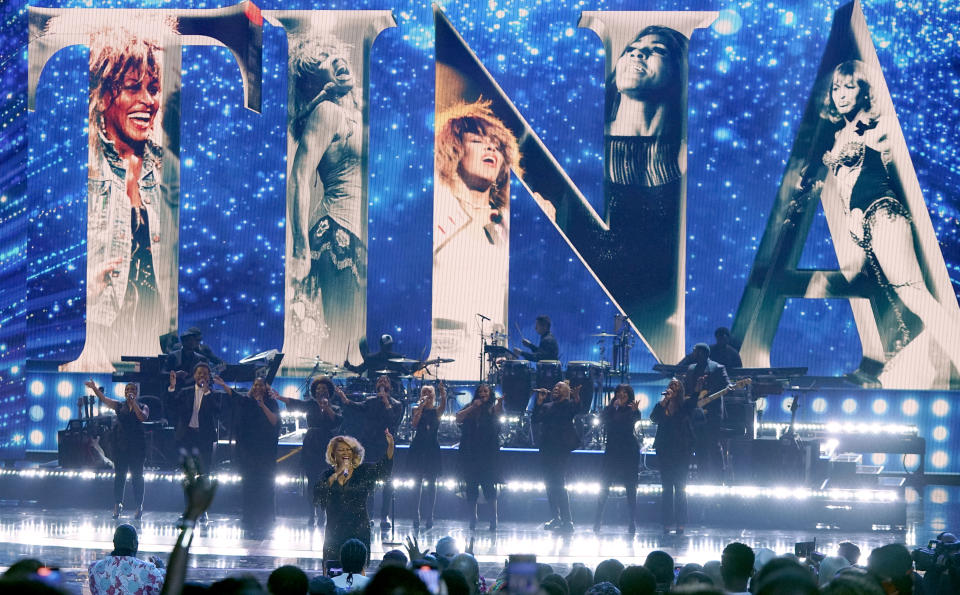 Patti LaBelle performs "The Best" during an In Memoriam tribute to the late singer Tina Turner, pictured onstage at the BET Awards on Sunday, June 25, 2023, at the Microsoft Theater in Los Angeles. (AP Photo/Mark Terrill)