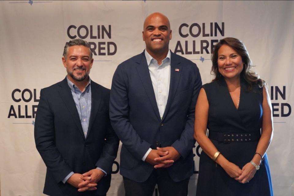 U.S. Rep. Colin Allred, D-Dallas, (center) poses for a photo with state Sen. Cesar Blanco, D-El Paso, and U.S. Rep. Veronica Escobar, D-El Paso, during a stop in El Paso on Thursday, Aug. 10, 2023. Both endorsed Allred in his bid to unseat U.S. Sen. Ted Cruz, R-TX.