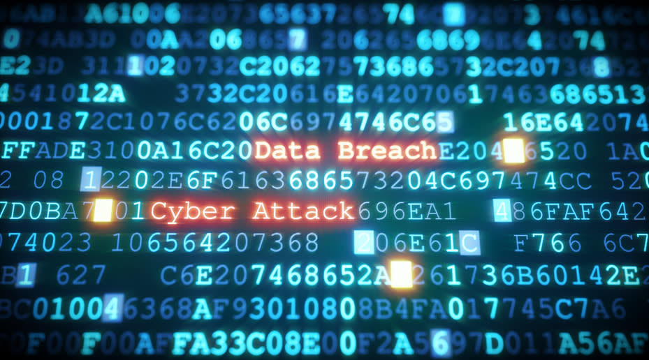 A close-up on an abstract design of a display, which is warning about a cyber attack. Multiple rows of hexadecimal code are interrupted by red glowing warnings. The image can represent a variety of threats in the digital world: data theft, data leak, security breach, intrusion, etc...