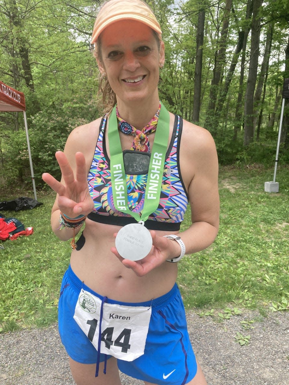 Karen Miura finished the Rock the Ridge 50-miler in third place in the 50-59 age group in a time of 11:35.06.