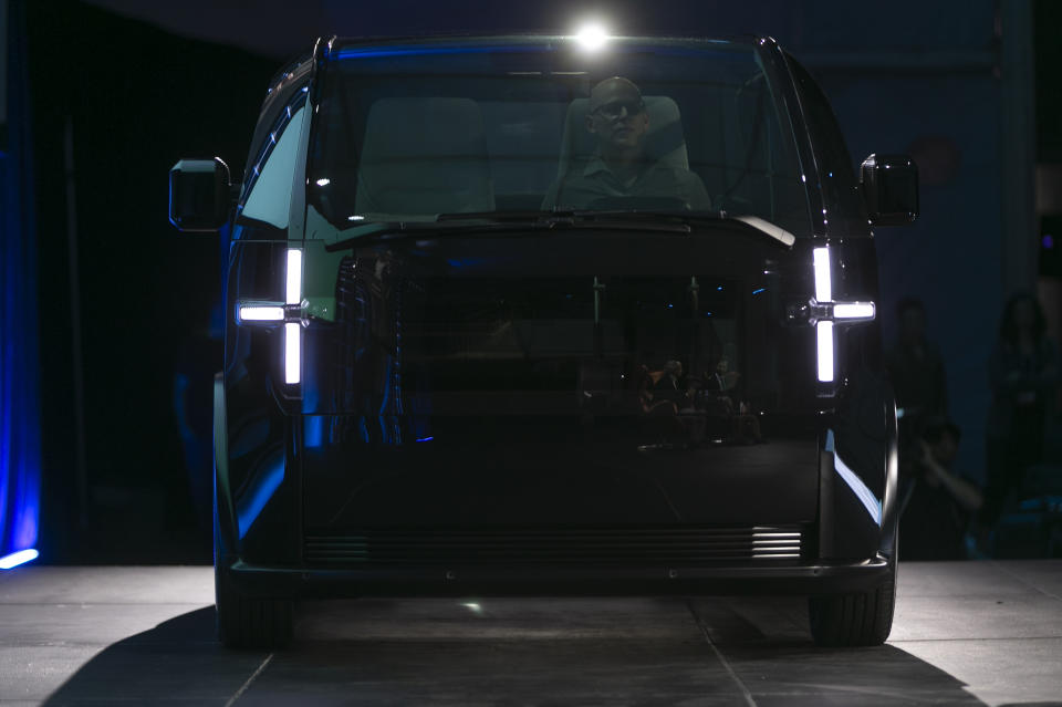 Canoo, the Los Angeles-based company building electric vehicles (EV) for subscription only, unveils its first model called Canoo, at AutoMobility LA auto show in Los Angeles, Tuesday, Nov. 19, 2019. (AP Photo/Damian Dovarganes)