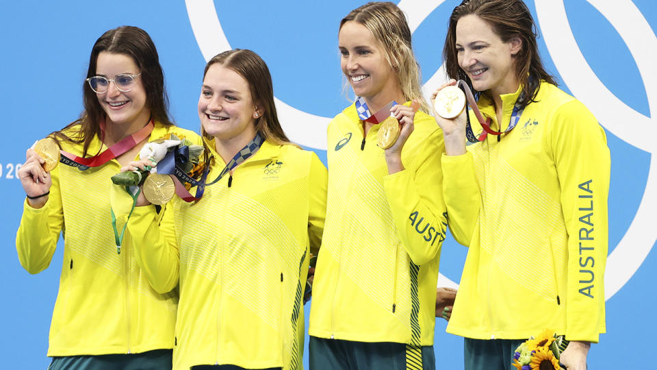 Kaylee McKeown, Chelsea Hodges, Emma McKeon and Cate Campbell, pictured here after the 4x100m medley relay at the Tokyo Olympics.