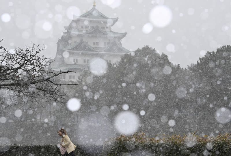 Nagoya castle is seen during snowfall in Nagoya