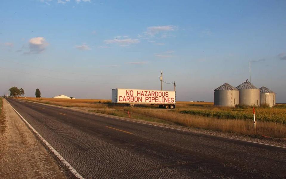 A semi-trailer emblazoned with the slogan “No hazardous carbon pipelines” greets drivers entering the town of Fremont, Iowa last year. Navigator CO2 Ventures announced in October that it was canceling its multi-state pipeline project, which would have run near the small town.