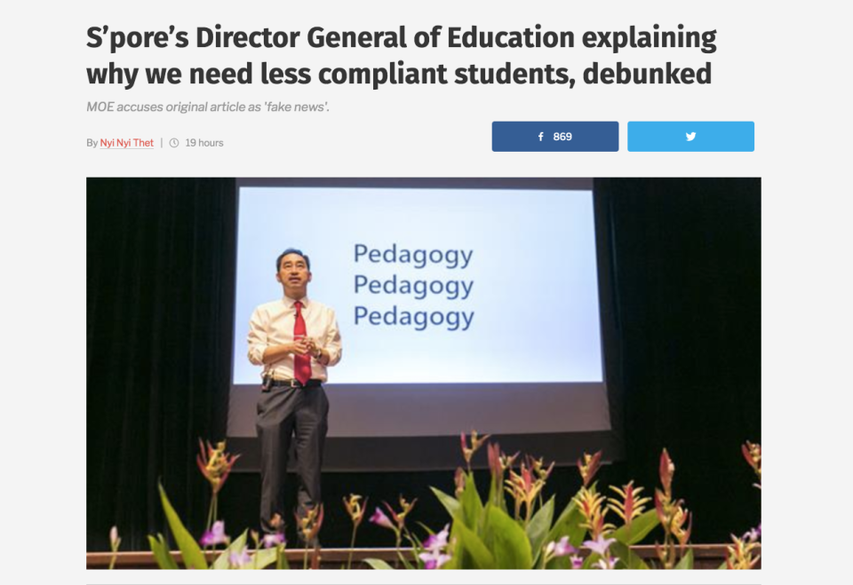 Local website Mothership was criticised by the Ministry of Education for wrongly attributing comments to an MOE official. (Photo: Screen shot from Mothership website)