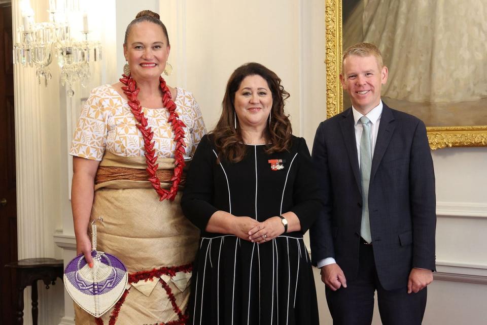 New Zealand’s new prime minister Chris Hipkins (right) poses with deputy Carmel Sepuloni (left) and Governor-General Dame Cindy Kiro (centre) during a swearing-in ceremony (AFP via Getty Images)