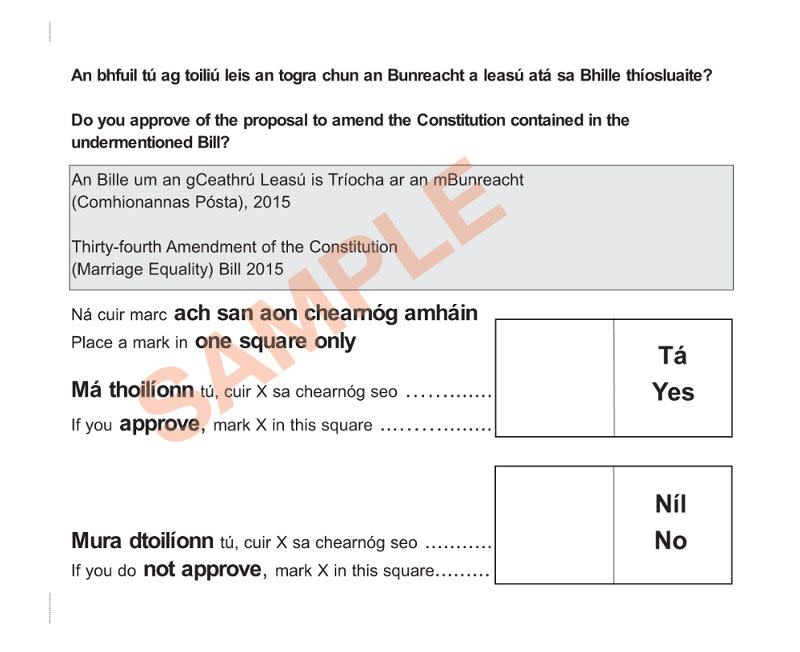 愛爾蘭同性婚姻公投選票。（傅莞淇攝）