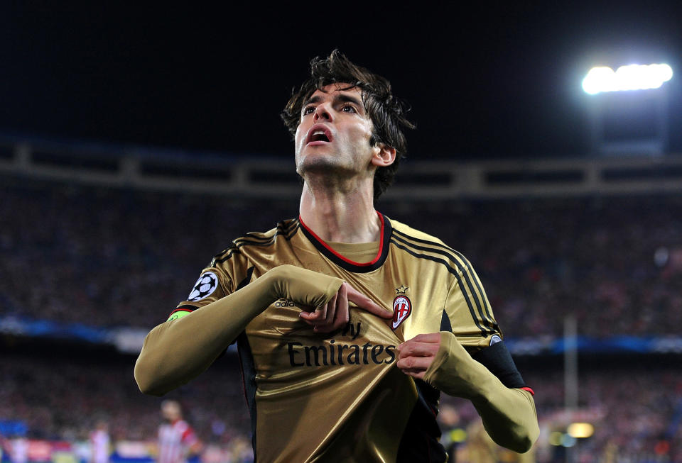 Kaka celebrates a Champions League goal with AC Milan. (Getty)