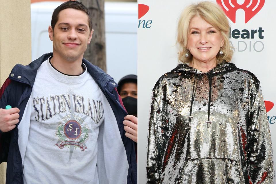 Pete Davidson is seen on the set of "Bupkis" in Brooklyn on October 03, 2022 in New York City. (Photo by Jose Perez/Bauer-Griffin/GC Images) ; Martha Stewart attends Z100's iHeartRadio Jingle Ball 2021at Madison Square Garden on December 10, 2021 in New York City. (Photo by Jason Mendez/Getty Images)