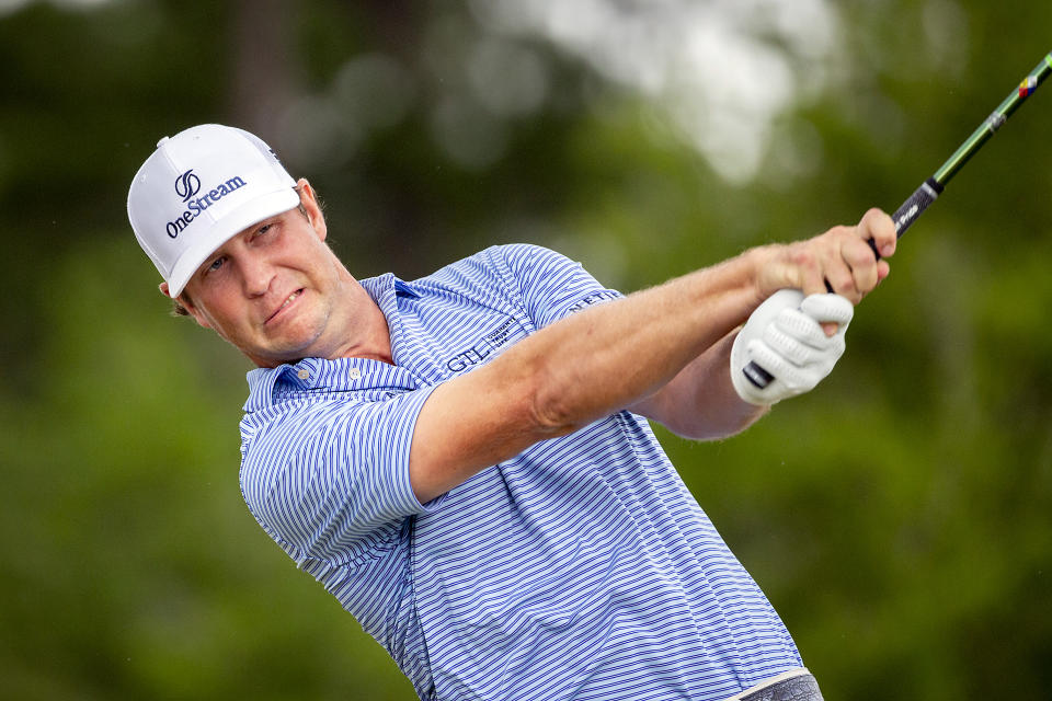 Hudson Swafford reacts to his drive off the third tee during the final round of the Palmetto Championship golf tournament in Ridgeland, S.C., Sunday, June 13, 2021. (AP Photo/Stephen B. Morton)