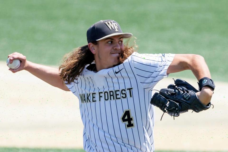 Projected top-10 draft pick Rhett Lowder of Wake Forest leads the nation in pitching wins. (AP Photo/Ben McKeown, File) Ben McKeown/AP