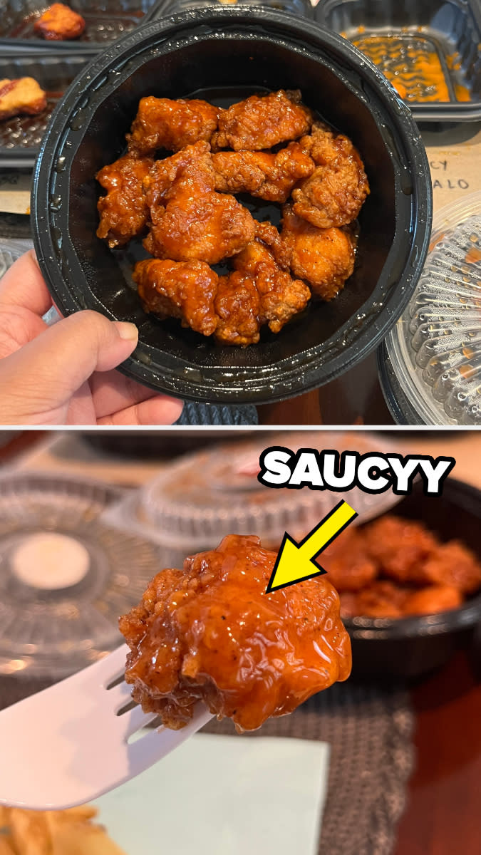 A hand holding a black plastic container filled with sauced chicken bites. A close-up view shows a chicken bite being held by a fork with a "SAUCYY" label and arrow pointing to it