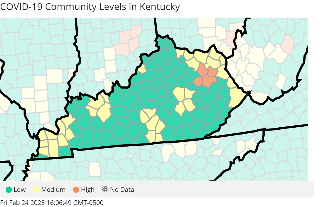 The latest U.S. Centers for Disease Control and Prevention map for Kentucky’s COVID-19 community levels as of Feb. 24, 2023. CDC
