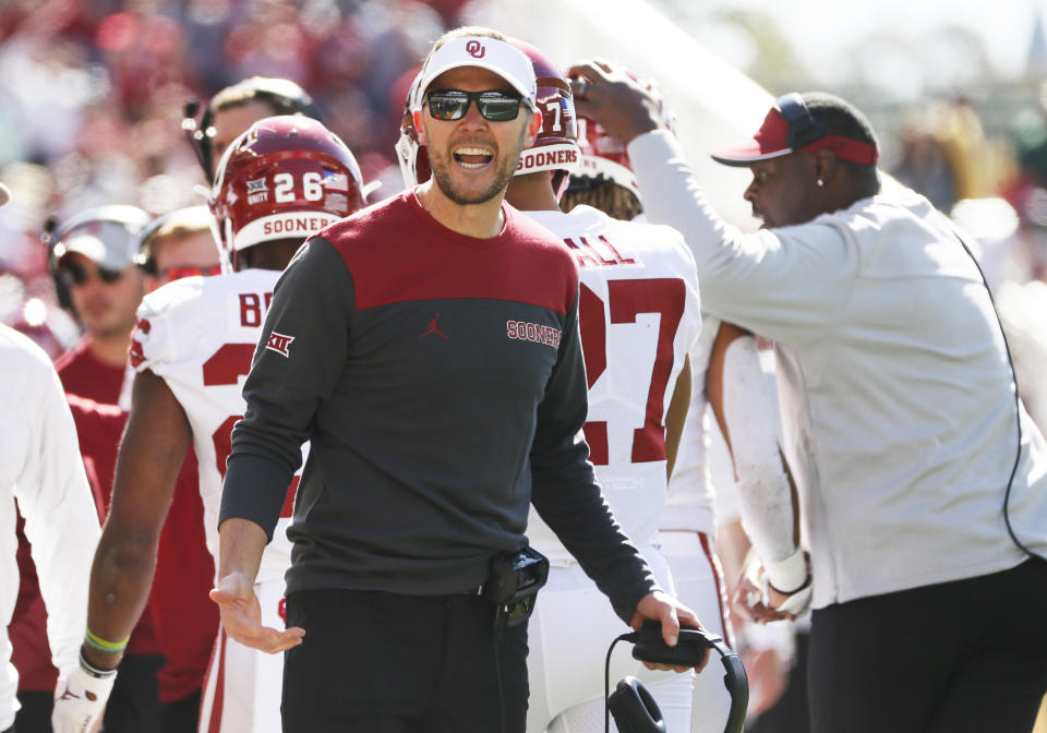 Oklahoma head coach Lincoln Riley questions the referees during first half of an NCAA college football game against Baylor in Waco, Texas, Saturday, Nov. 13, 2021. (AP Photo/Ray Carlin)