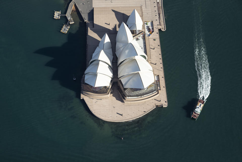 Aerial view of empty Opera House forecourt. 