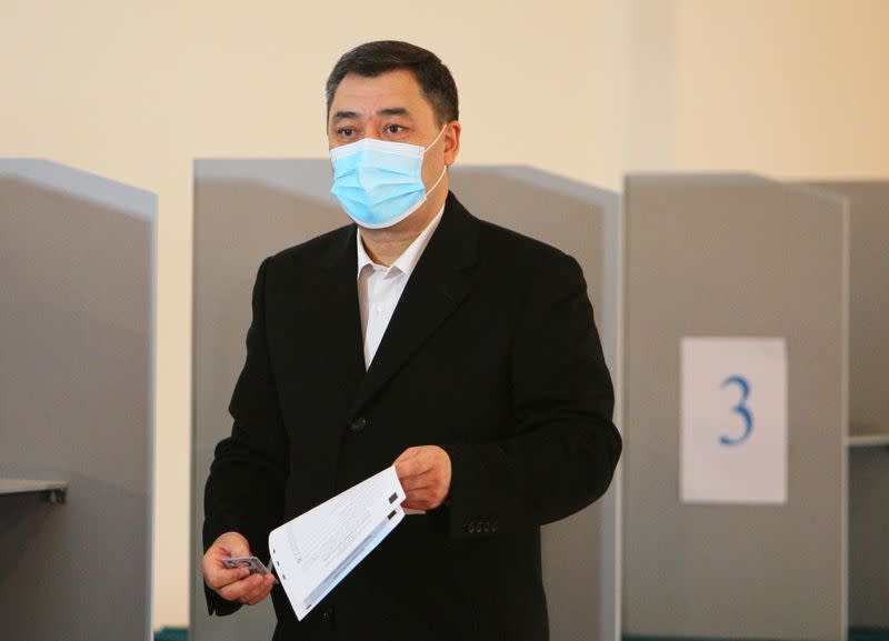 Presidential candidate Japarov casts his ballot during a presidential election and constitutional referendum in Bishkek