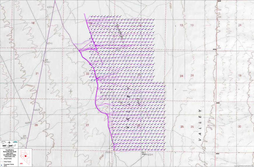 Figure 1. Location of soil samples taken and tracks travelled by Rangefront at Monitor Valley