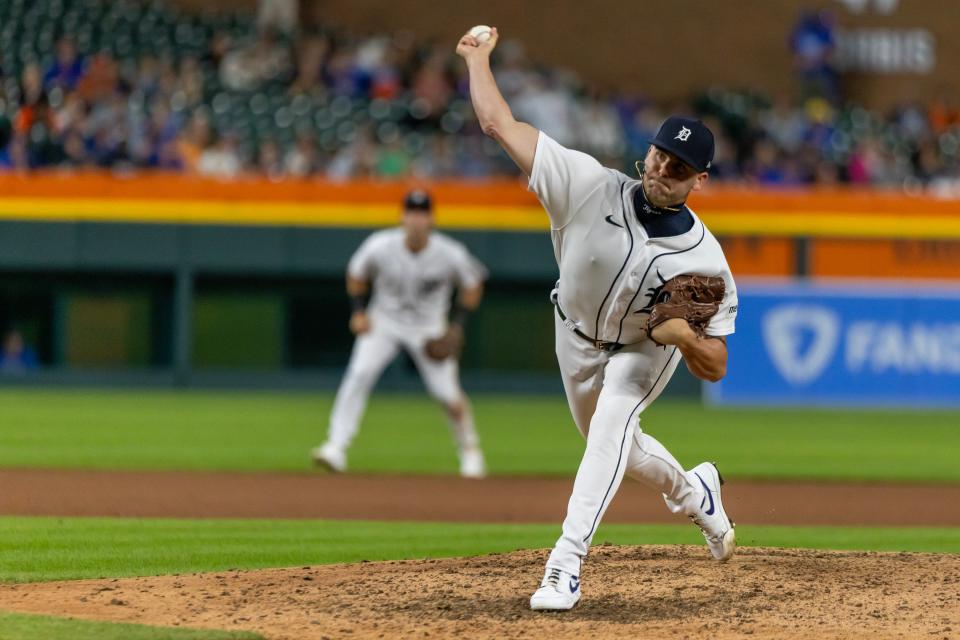 Detroit Tigers relief pitcher Alex Lange (55) pitches in the ninth inning against the Chicago Cubs at Comerica Park in Detroit on Tuesday, Aug. 22, 2023.