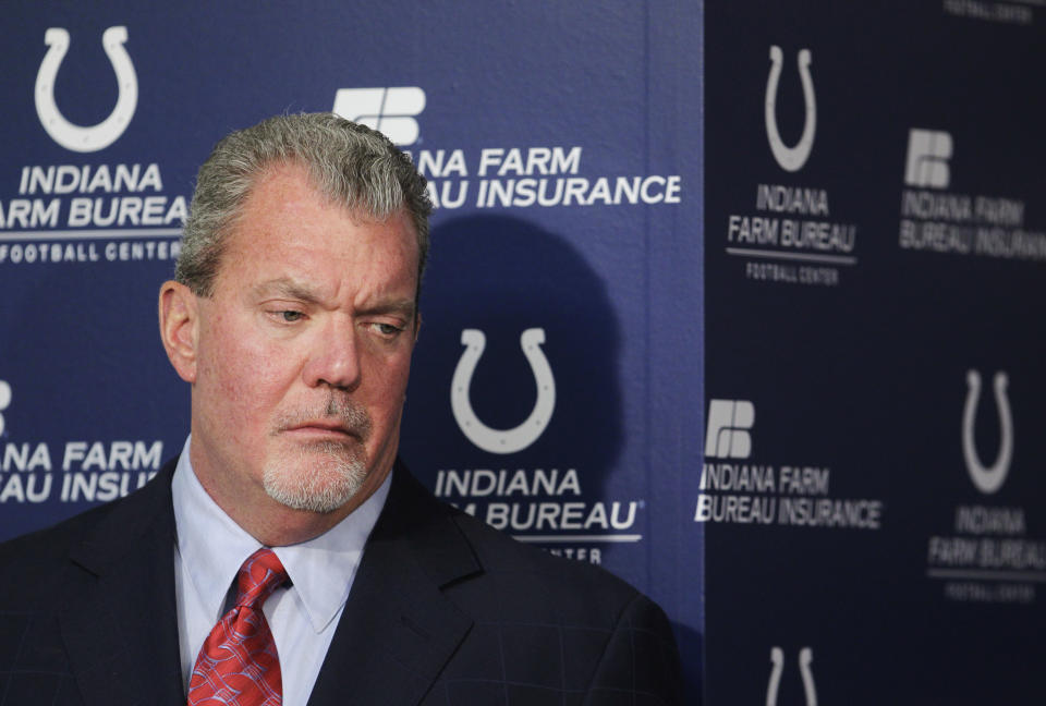 FILE - In this Jan. 17, 2012 file photo, Indianapolis Colts owner Jim Irsay listens during a news conference at the NFL football team's headquarters in Indianapolis. Authorities say Irsay is in jail after being stopped on suspicion of drunken driving. Hamilton County Sheriff's Department Deputy Bryant Orem says Irsay was arrested Sunday night, March 16, 2014, in the northern Indianapolis suburb of Carmel. (AP Photo/Darron Cummings, File)