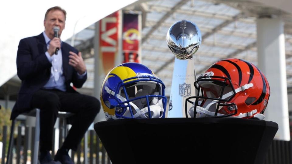 NFL Commissioner Roger Goodell addresses the media on February 09, 2022 at the NFL Network’s Champions Field at the NFL Media Building on the SoFi Stadium campus in Inglewood, California. (Photo by Rob Carr/Getty Images)