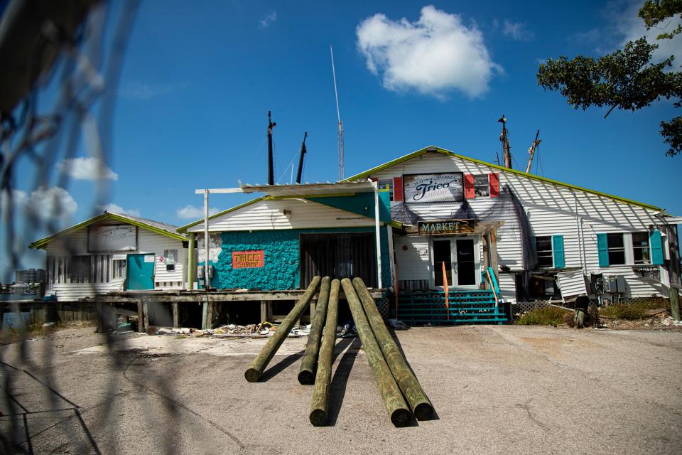 Trico Shrimp is seen on Fort Myers Beach on Monday, June 3, 2024. The business was wiped out in Hurricane Ian in September of 2022.