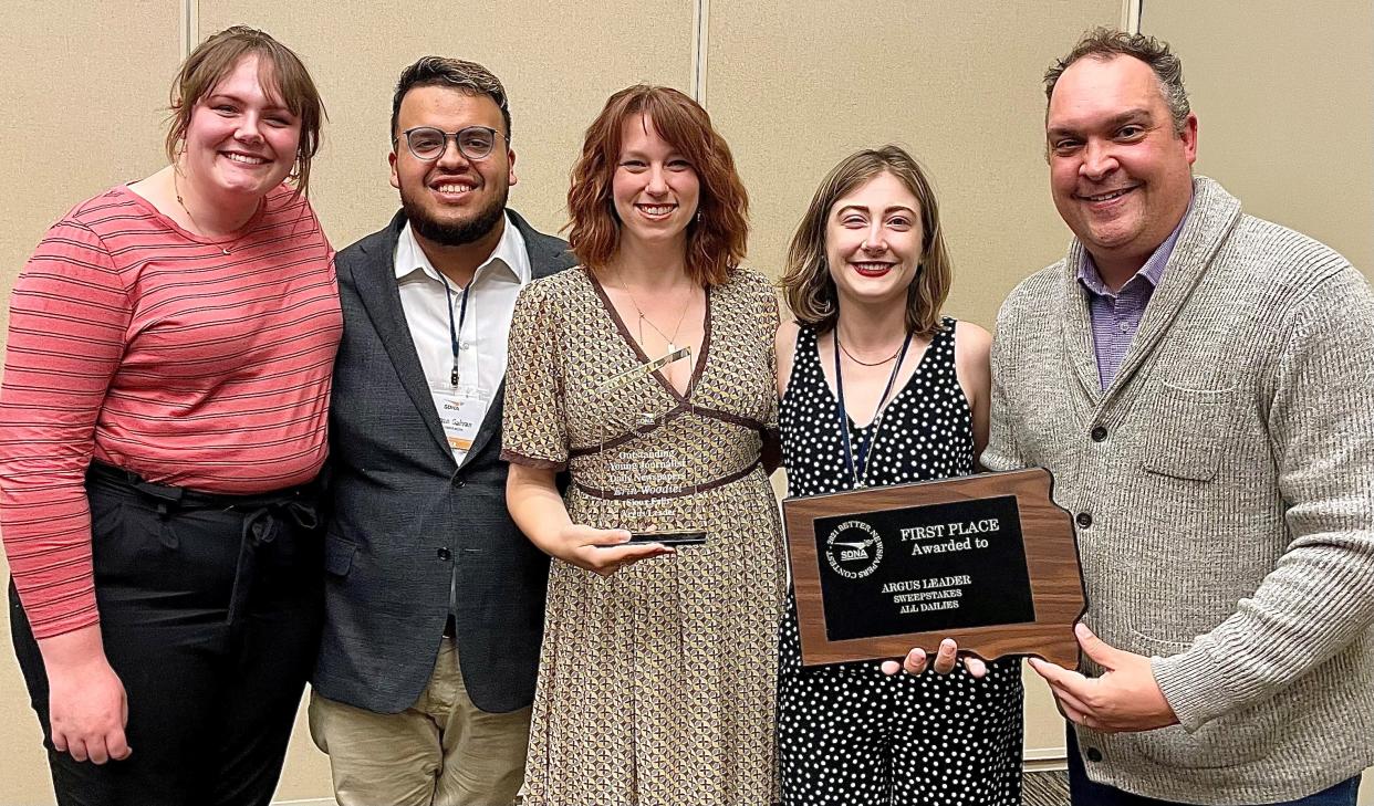 Representatives of the Argus Leader team, from left, Morgan Matzen, Alfonzo Galvan, Erin Woodiel, Annie Todd and Cory Myers at the South Dakota Newspaper Association banquet in Mitchell on Friday.