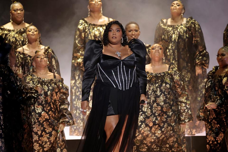 Lizzo (C) performs onstage during the 65th GRAMMY Awards at Crypto.com Arena on February 05, 2023 in Los Angeles, California.