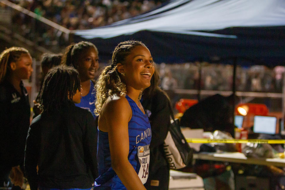 Canyon View's Annaleise Taylor wins girls' 300-meter hurdles at Chandler Rotary Invitational at Chandler High School on March 23, 2024.