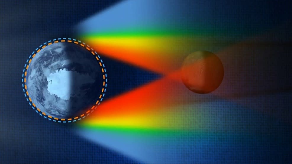 <em>NASA: “During a lunar eclipse, Earth’s atmosphere scatters sunlight. The blue light from the sun scatters away, and longer-wavelength red, orange, and yellow light pass through, turning our moon red.” | Graphic by NASA</em>