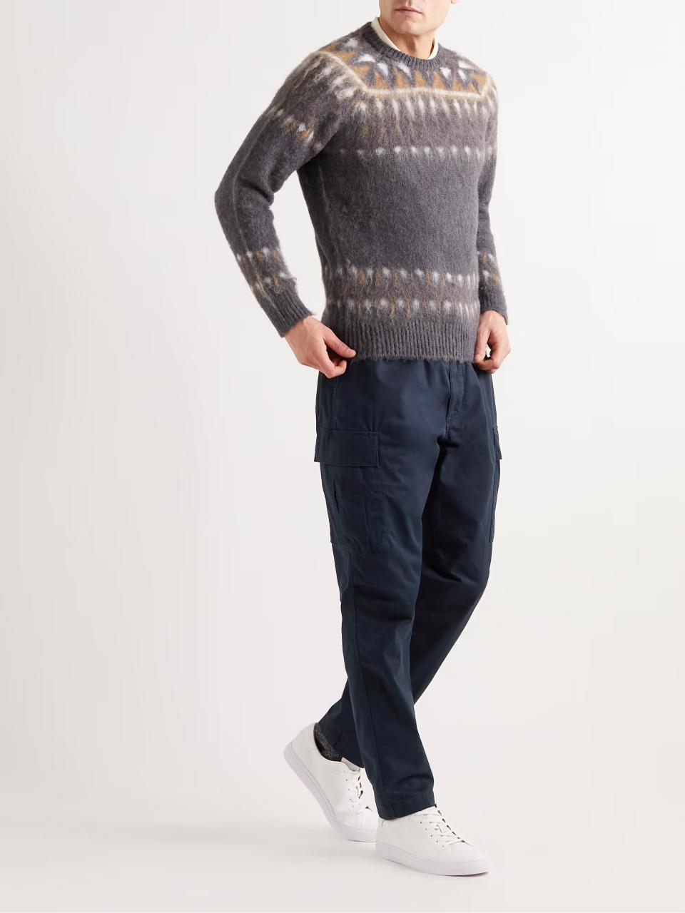 Polo Ralph Lauren Blue cargo pants worn with a fair isle sweater and sneakers
