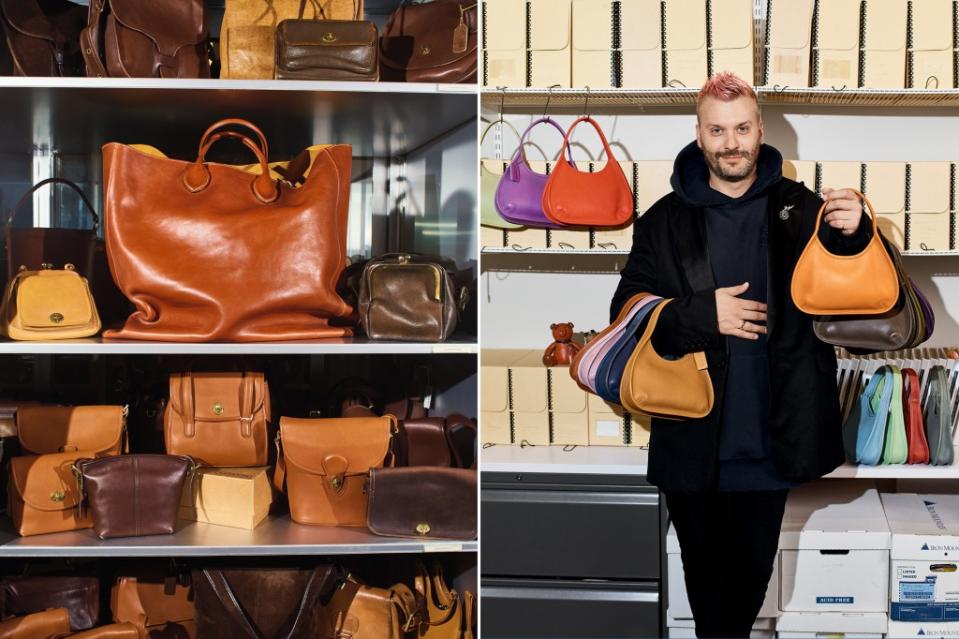 Coach designers draw inspiration from an archive that includes almost every handbag the company has ever made. Left, a display captures Coach’s many shades of brown, while archivist Ryan Bollwerk shows off an array of Ergo Mini satchels from 1997. Photograph by Aaron Richter for Fortune