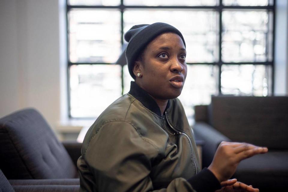 Joy Jerome, a graduate student at the University of Kentucky, is photographed at the Gatton Student Center in Lexington, Ky., on Thursday, Feb. 15, 2024.