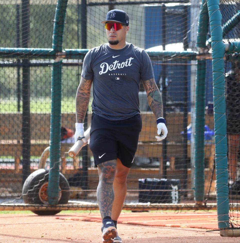 Tigers shortstop Javier Baez walks out of the batting cage after hitting during spring training on Thursday, Feb. 16, 2023, in Lakeland, Florida.