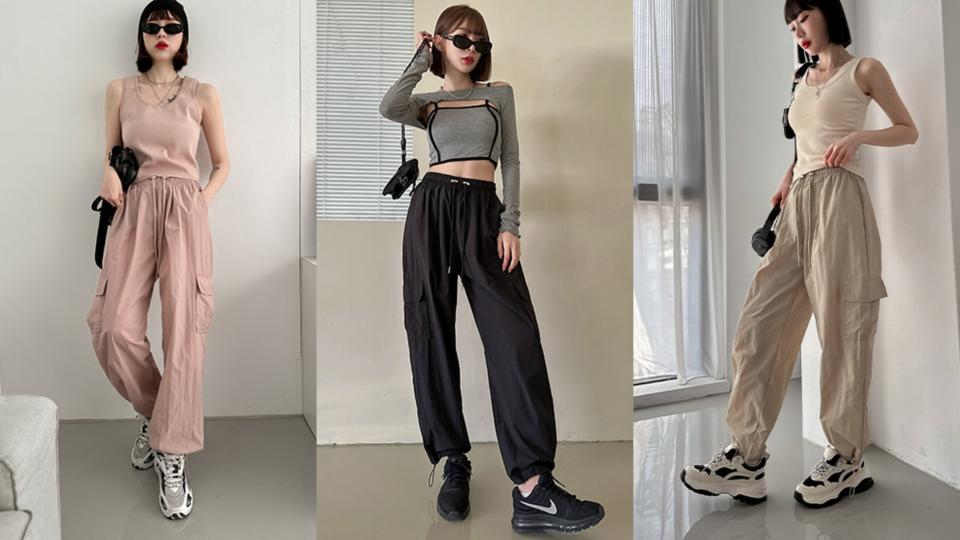 夏日涼感穿搭7：LuLu’s 刷刷感工裝大口袋束口長褲(多色)！圖片來源：Yahoo奇摩超級商城