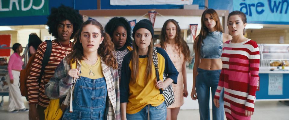 BOTTOMS, from left: Ayo Edebiri, Rachel Sennott, Zamani Wilder, Summer Joy Campbell, Havana Rose Liu,  Kaia Gerber, Virginia Tucker, 2023. © United Artists Releasing / Courtesy Everett Collection