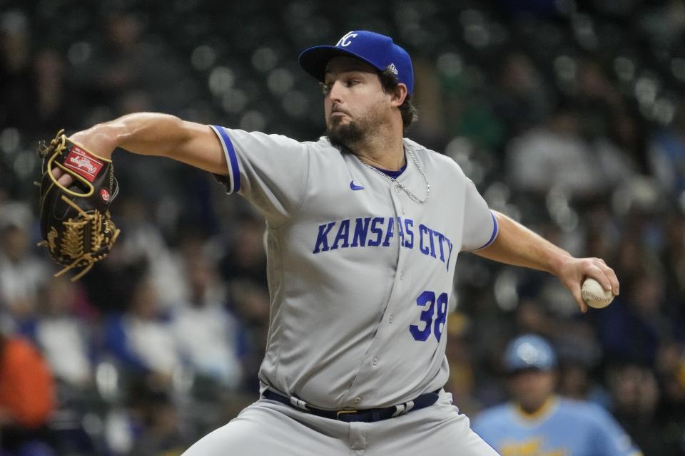 Kansas City Royals starting pitcher Josh Taylor throws during the first inning of a baseball game against the Milwaukee Brewers Friday, May 12, 2023, in Milwaukee. (AP Photo/Morry Gash)