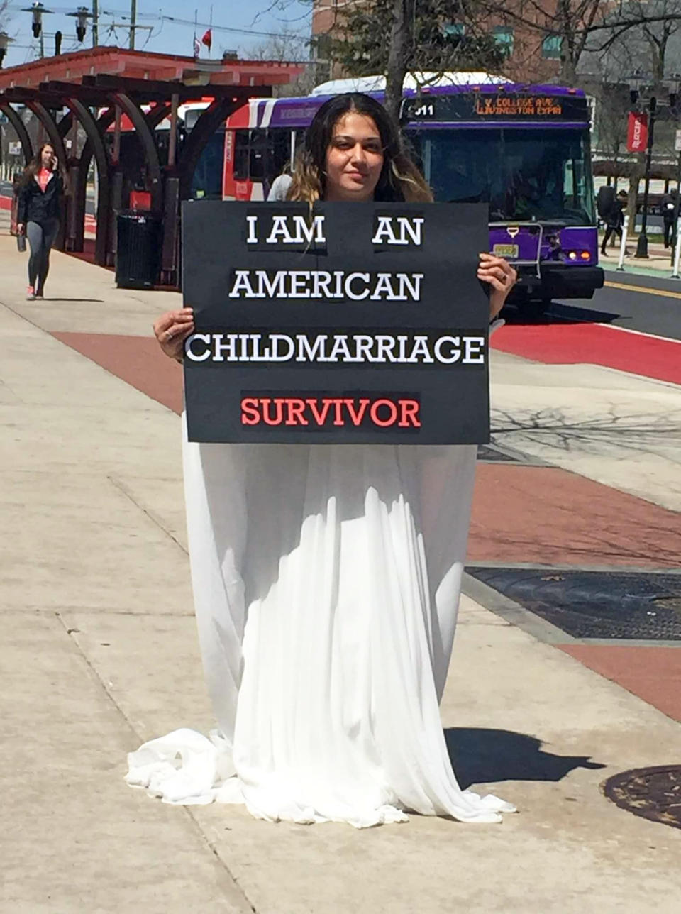 Naila Amin protesting child marriage with Unchained At Last at Rutgers University in New Brunswick, N.J., in 2018. (Courtesy Naila Amin)