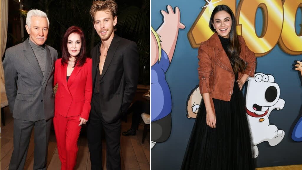 (Left) “Elvis” director/writer/producer Baz Luhrmann, Priscilla Presley and Austin Butler remember The King; (Right) Mila Kunis makes 21 seasons on the “Family Guy” look good while celebrating the series’ 400th episode.