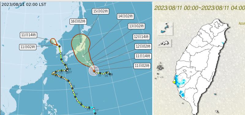 左圖：11日2時中央氣象局「路徑潛勢預測圖」顯示，「輕颱卡努」今(11)日侵襲北韓，因地形及強垂直風切破壞，逐漸減弱消散。第7號「中颱蘭恩」增強中，向北轉西北、朝日本前進，下週一、二(14、15日)侵襲日本本州。